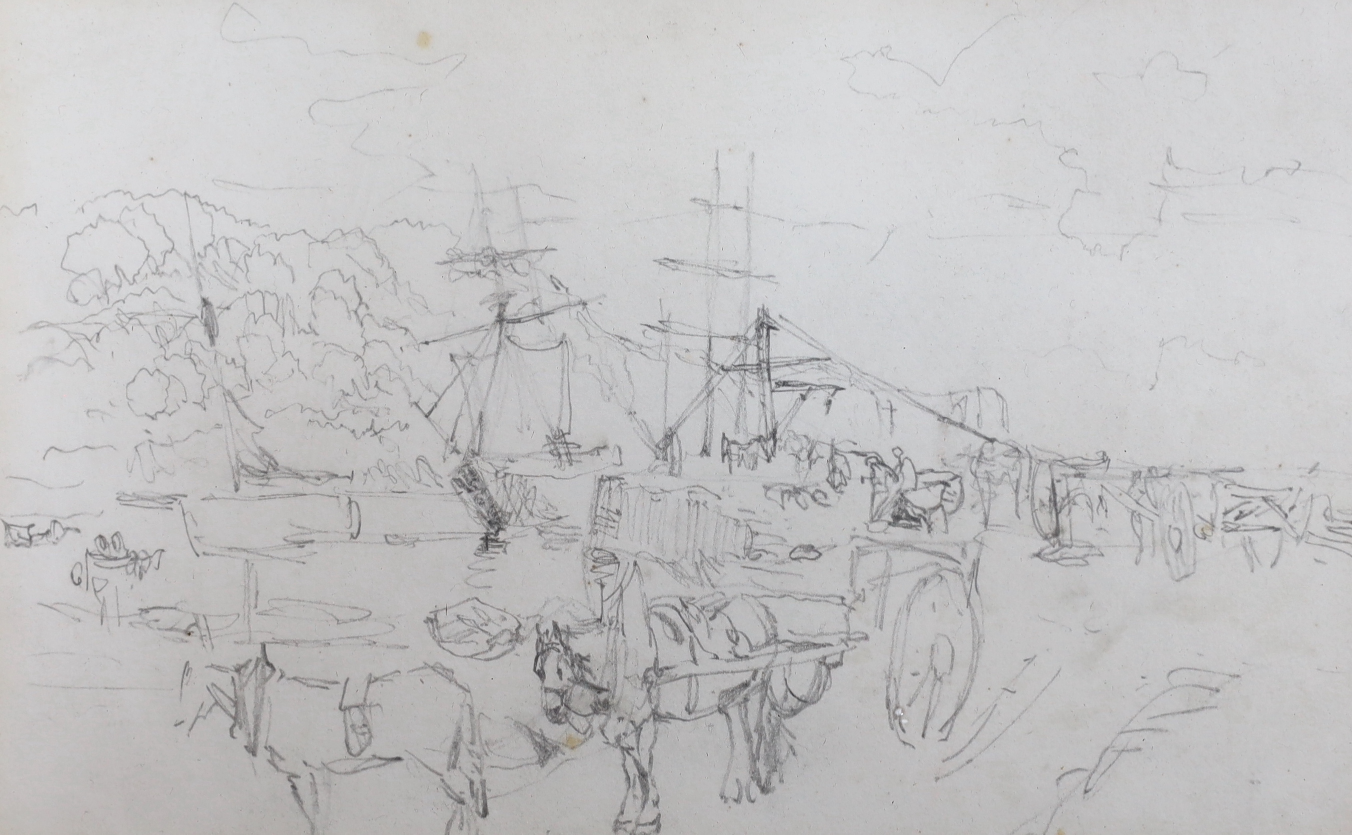 Samuel Bough (1822-1878), three pencil drawings, Harbour scenes and landscape with church steeple, attribution labels verso, largest 14.5 x 23cm